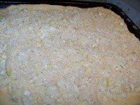 Сверху на лук очень тонким слоем высыпаем сухой рис